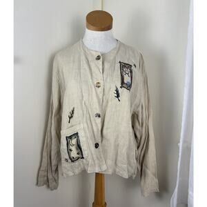 Chalet et Ceci Tunic Top Art to Wear Patchwork Abstract Beige Long Sleeve Large